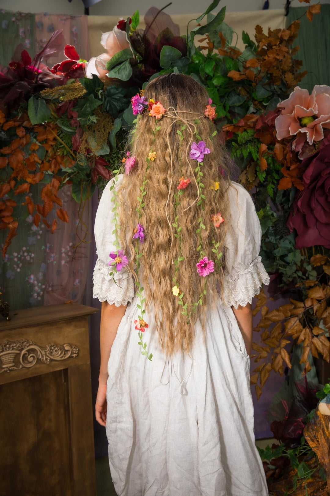 Bridal Flower Hair Wreath with Veil: Romantic Boho Headpiece – handmade floral hair accessory by magaela