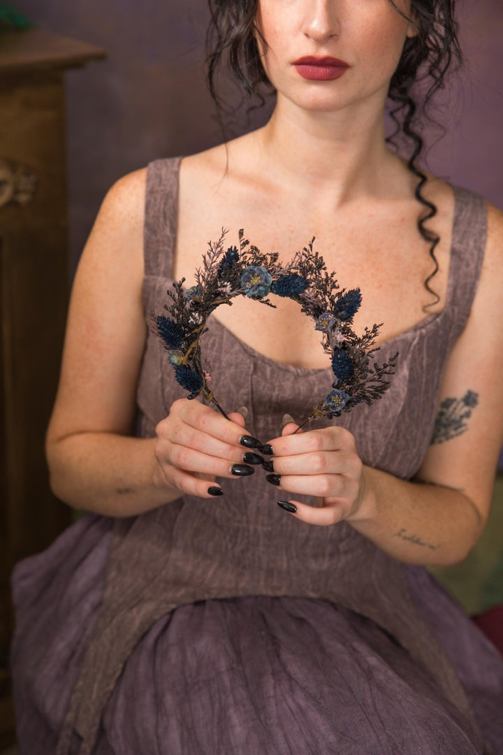 Dark Blue Flower Crown: Gothic Bridal Headband, Halloween Wedding – handmade floral hair accessory by magaela