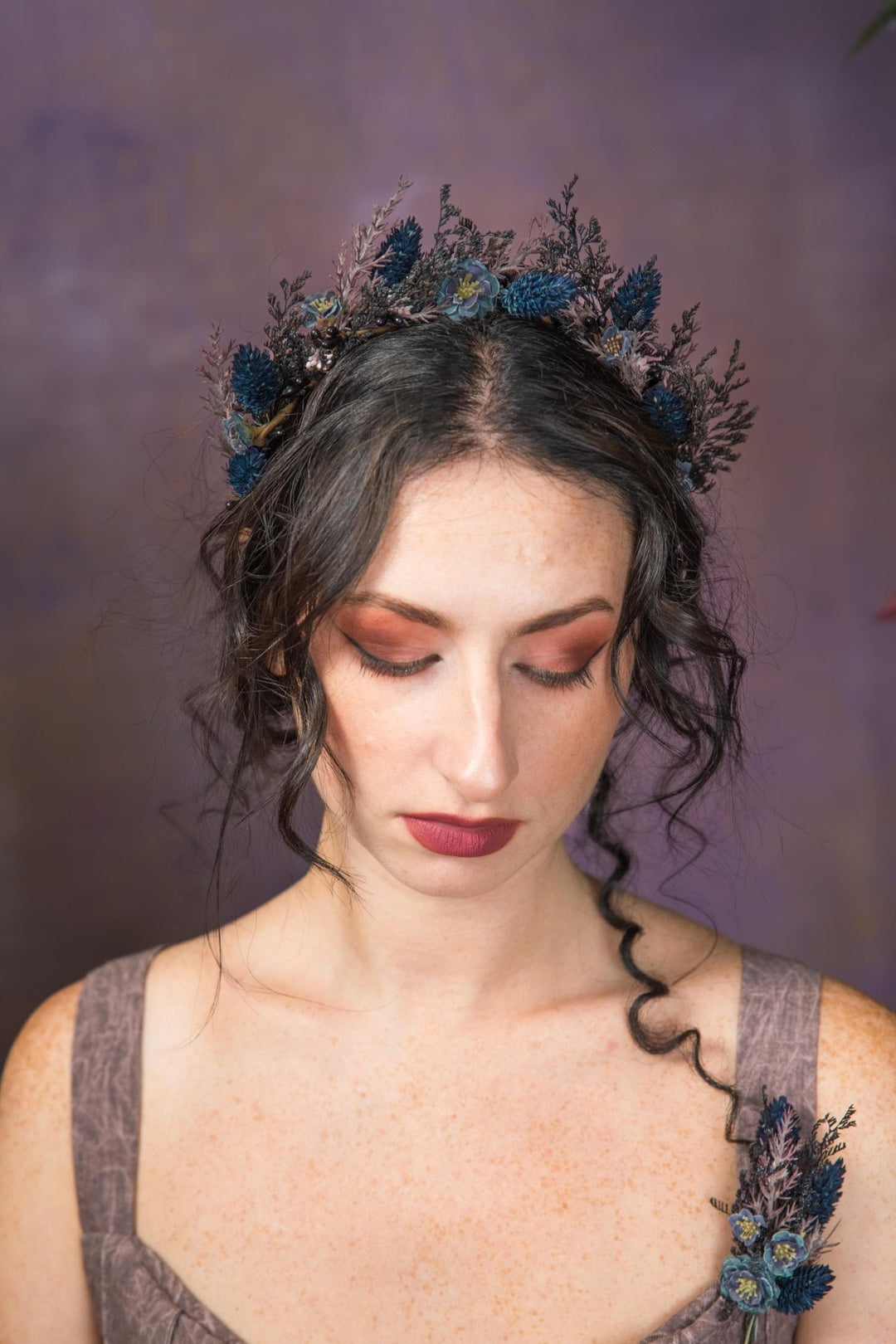 Dark Blue Flower Crown: Gothic Bridal Headband, Halloween Wedding – handmade floral hair accessory by magaela