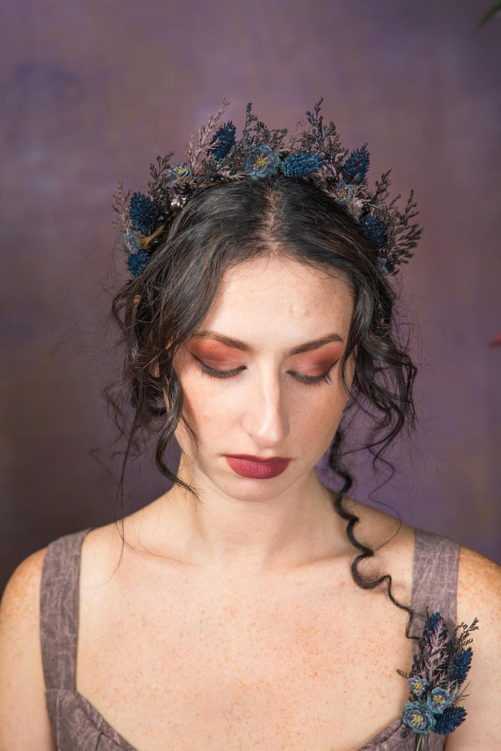 Dark Blue Flower Crown: Gothic Bridal Headband, Halloween Wedding – handmade floral hair accessory by magaela