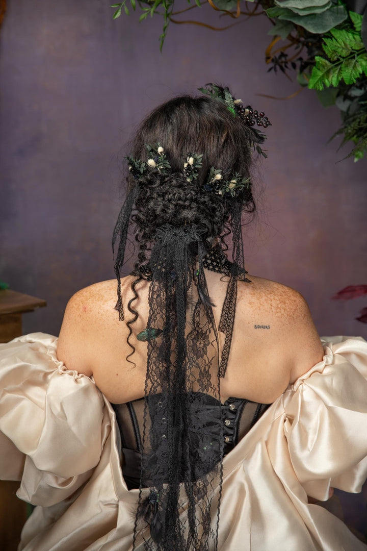 Gothic Wedding Black Lace Veil: Corpse Bride Flower Hairpins – handmade floral hair accessory by magaela