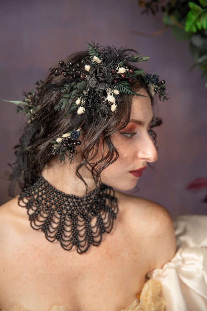 Gothic Wedding Hair Vine: Black Rose, Fern & Blackberry Hairpiece – handmade floral hair accessory by magaela