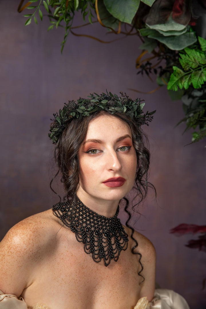 Gothic Black Flower Crown: Halloween Wedding Hair Wreath – handmade floral hair accessory by magaela