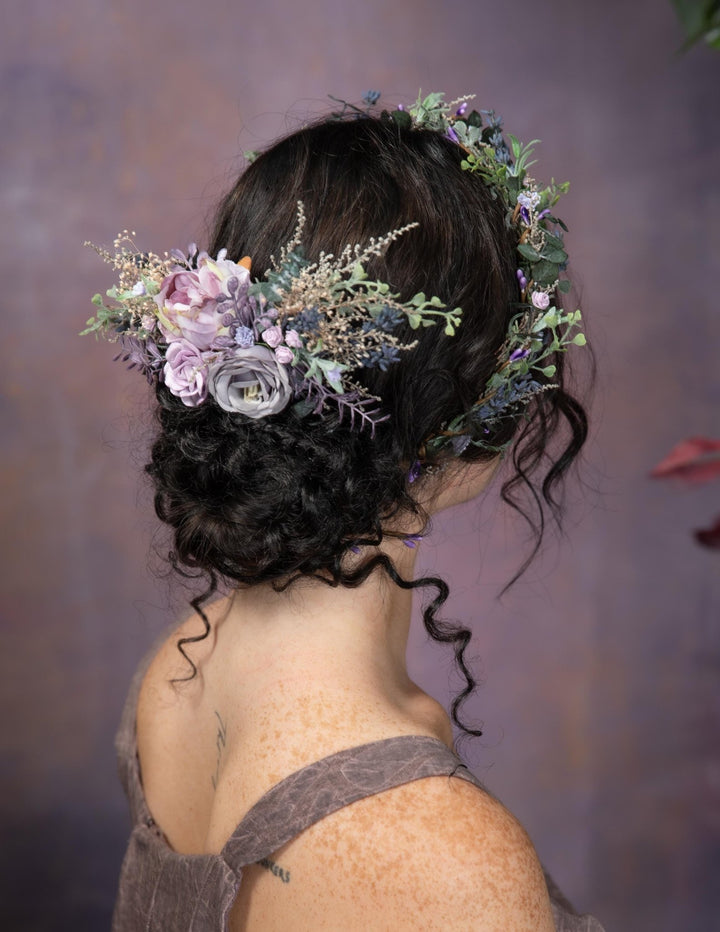 Purple Flower Hair Wreath and Comb: Boho Bridal Hair Accessories – handmade floral hair accessory by magaela
