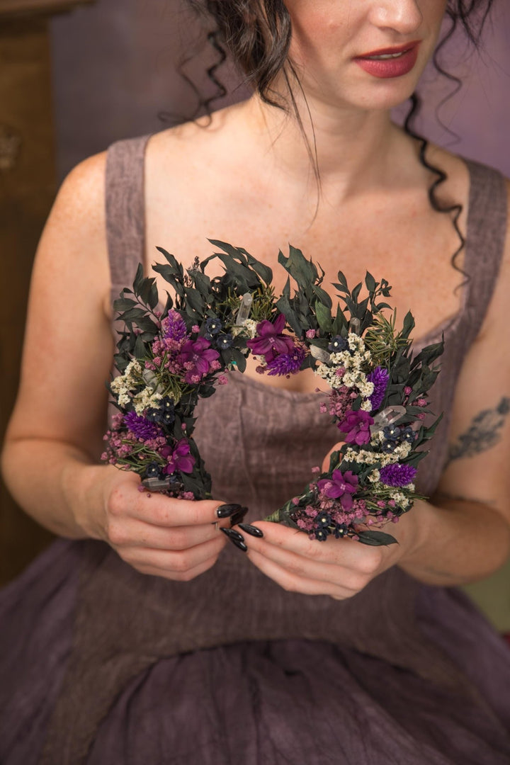 Purple Crystal Bridal Crown: Gothic Flower Headband, Halloween Wedding – handmade floral hair accessory by magaela