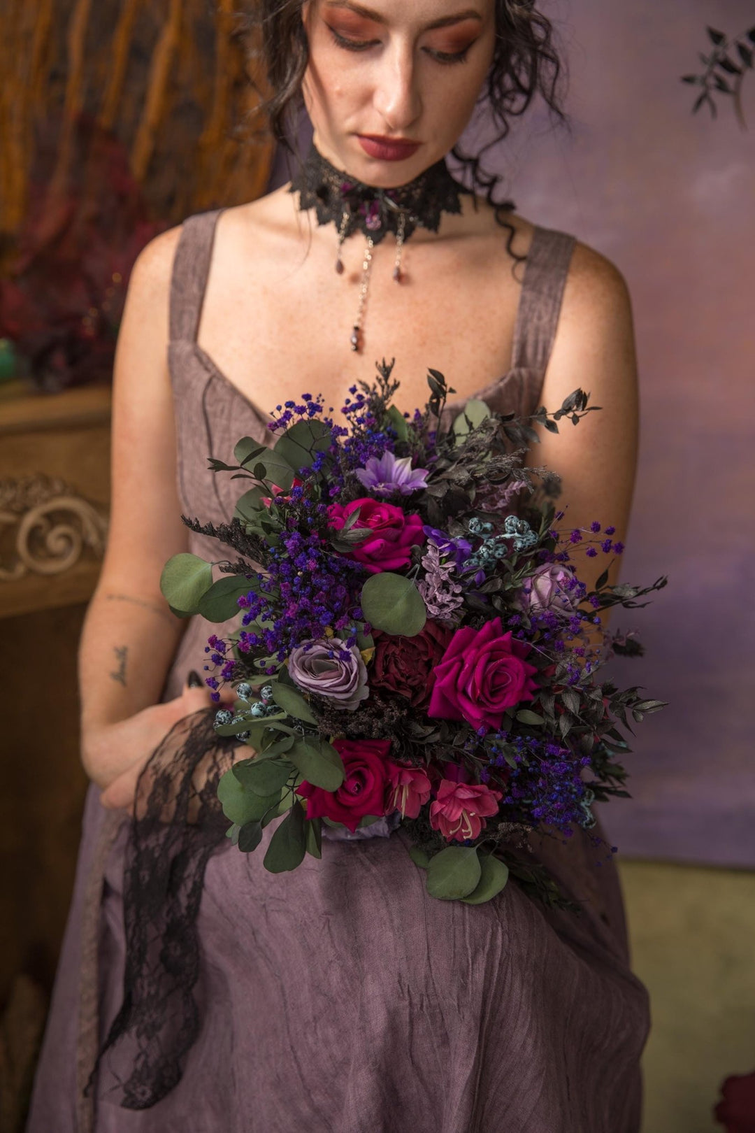 Purple Magenta Flower Bouquet: Autumn Gothic Wedding Bridal Bouquet – handmade floral hair accessory by magaela