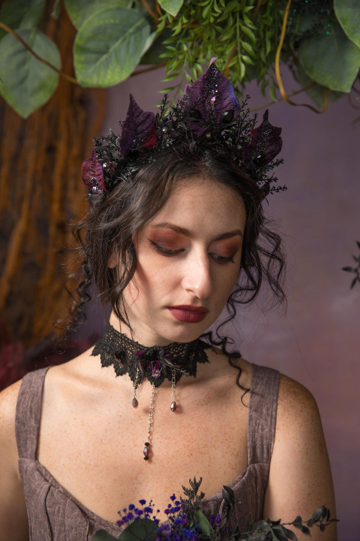 Purple Flower Bridal Crown: Gothic Crystal Headband, Halloween Wedding – handmade floral hair accessory by magaela