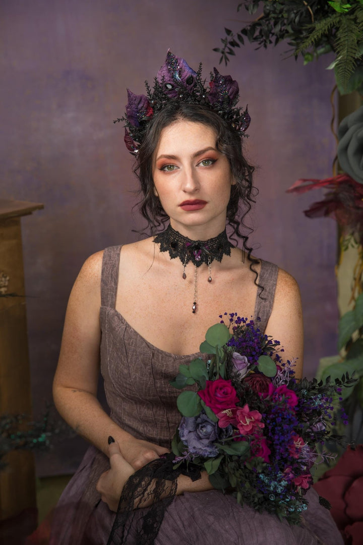 Purple Flower Bridal Crown: Gothic Crystal Headband, Halloween Wedding – handmade floral hair accessory by magaela