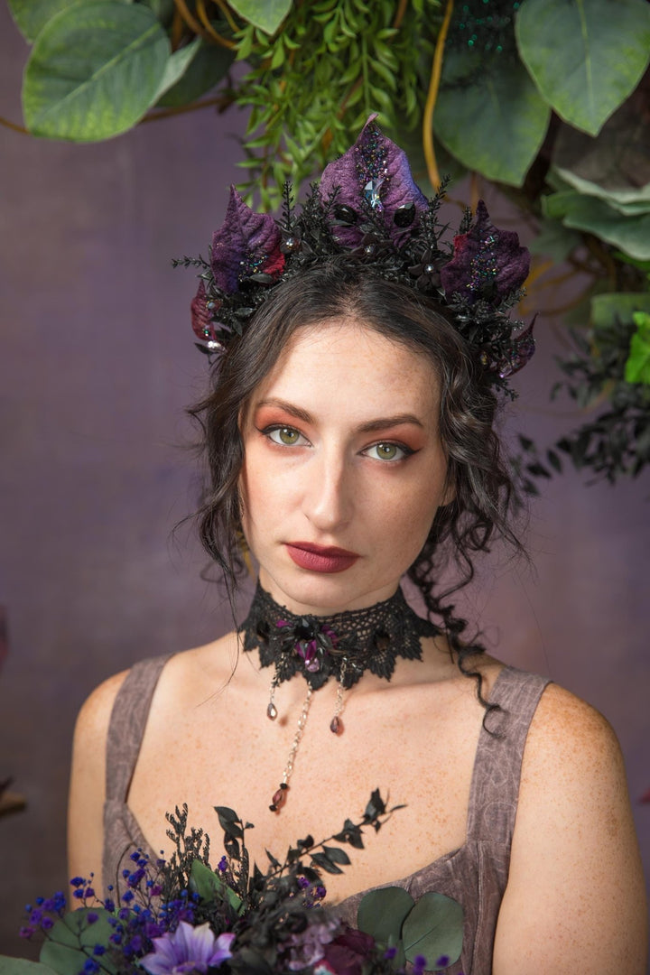 Purple Flower Bridal Crown: Gothic Crystal Headband, Halloween Wedding – handmade floral hair accessory by magaela