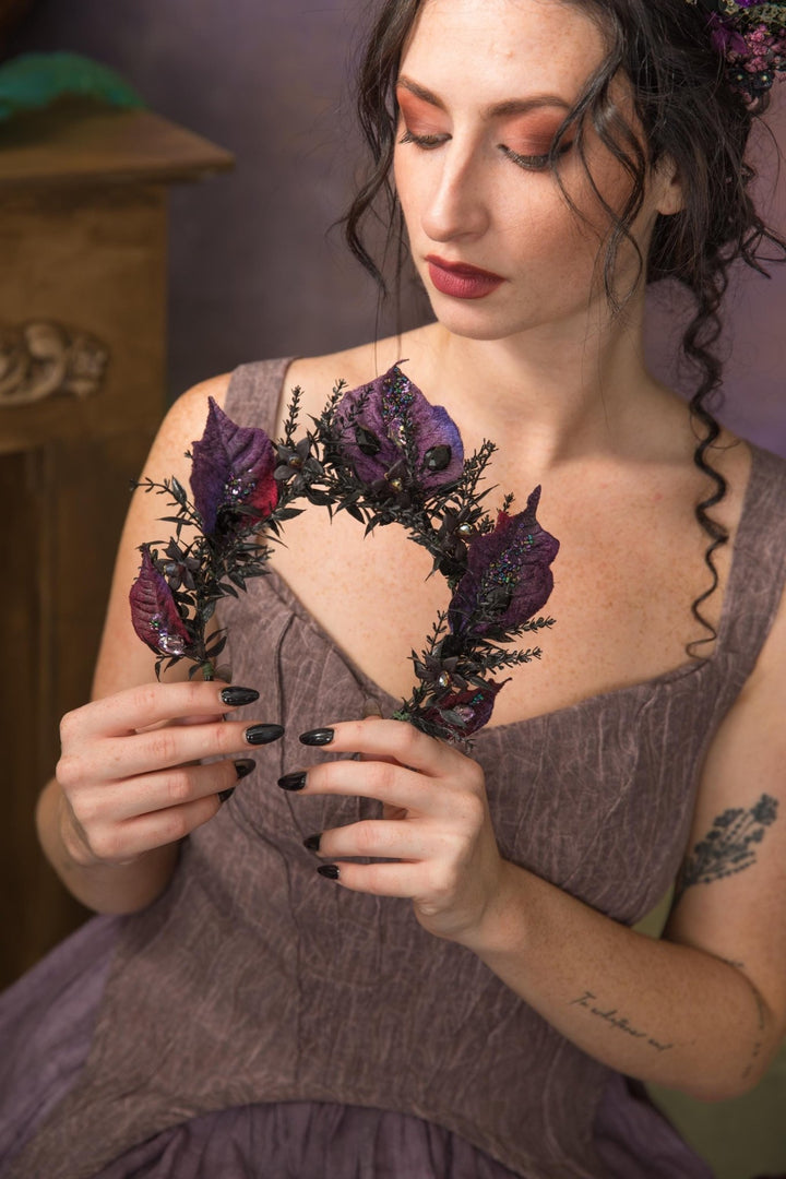 Purple Flower Bridal Crown: Gothic Crystal Headband, Halloween Wedding – handmade floral hair accessory by magaela