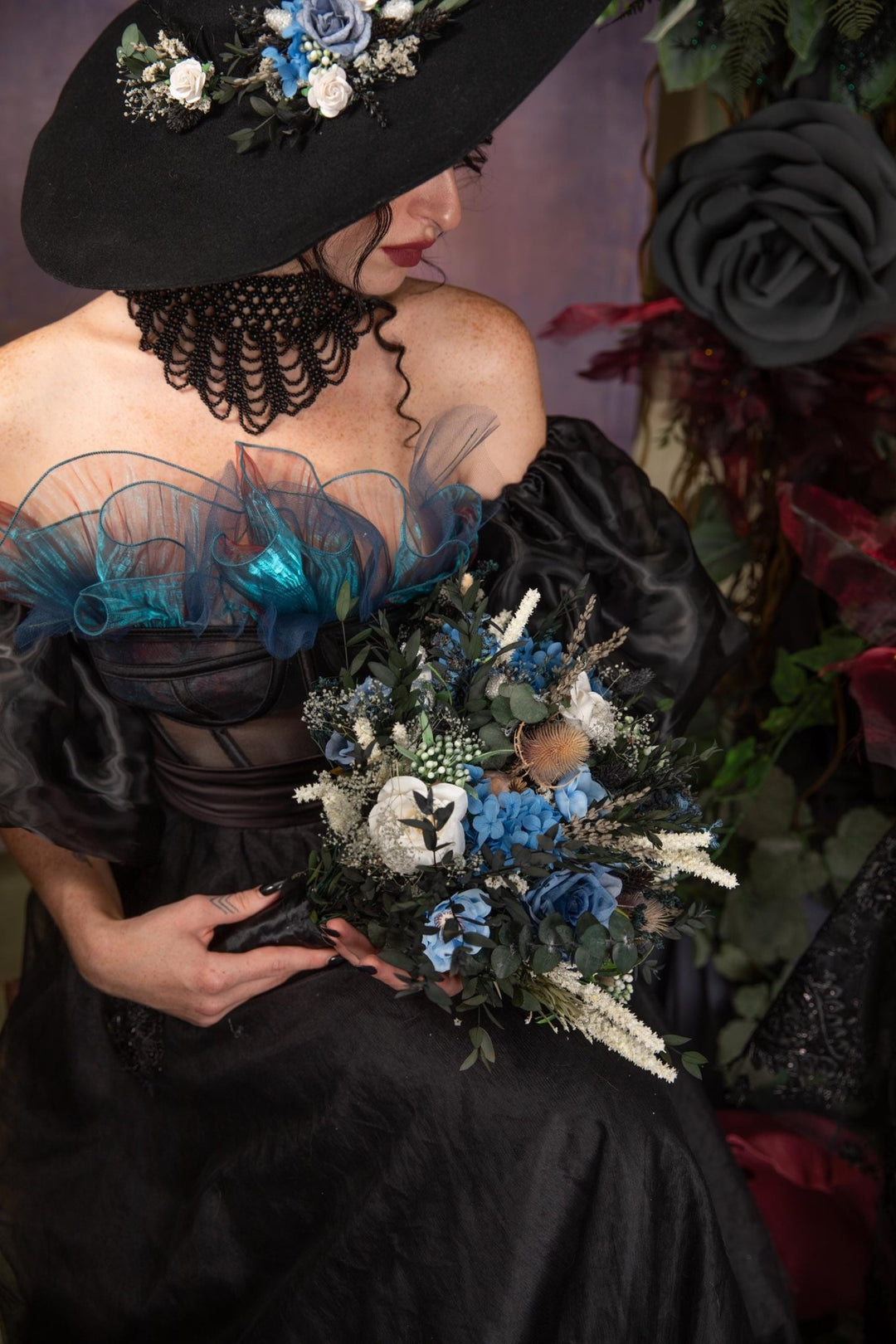 Blue Rose Bouquet: Gothic Wedding, Autumn Bridal Bouquet – handmade floral hair accessory by magaela