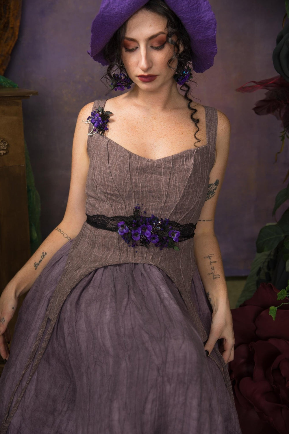 Purple Flower Belt: Gothic Autumn Wedding Dress Accessory – handmade floral hair accessory by magaela