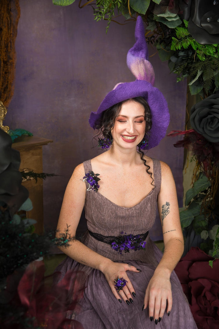 Purple Flower Ring: Boho Gothic Wedding Jewelry, Adjustable Ring – handmade floral hair accessory by magaela