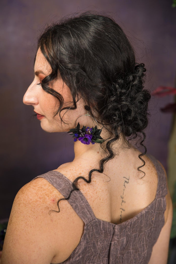 Purple Flower Circle Earrings: Gothic Wedding Jewelry – handmade floral hair accessory by magaela