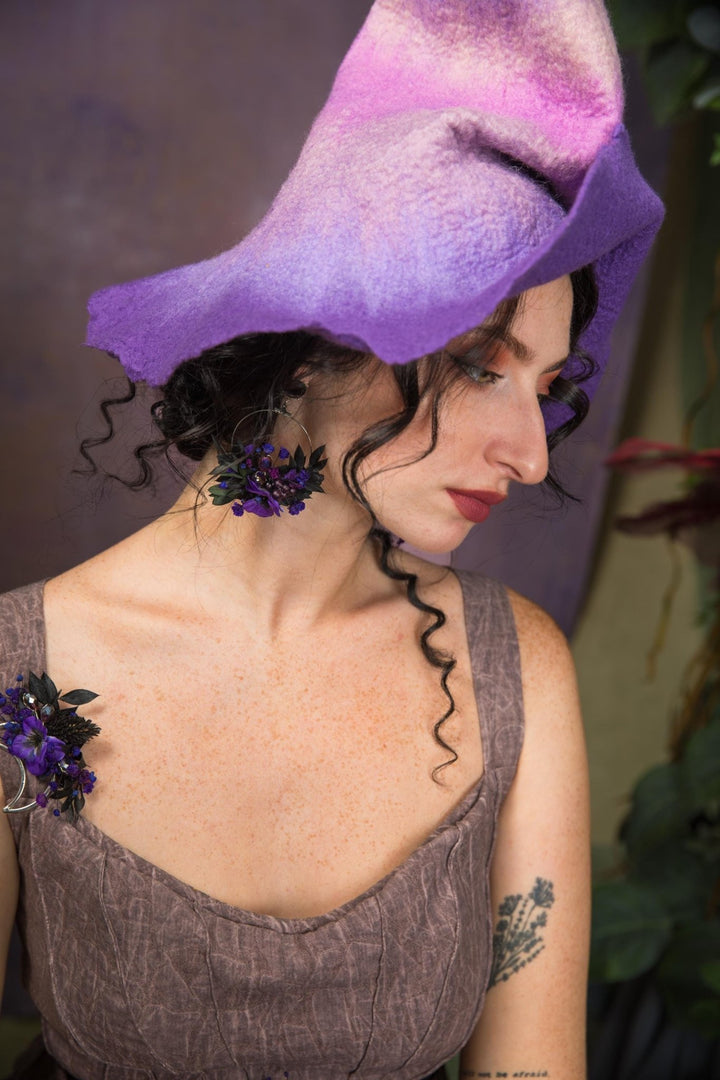 Purple Flower Circle Earrings: Gothic Wedding Jewelry – handmade floral hair accessory by magaela