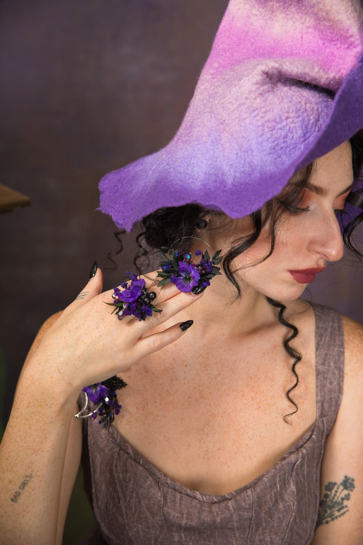 Purple Flower Circle Earrings: Gothic Wedding Jewelry – handmade floral hair accessory by magaela