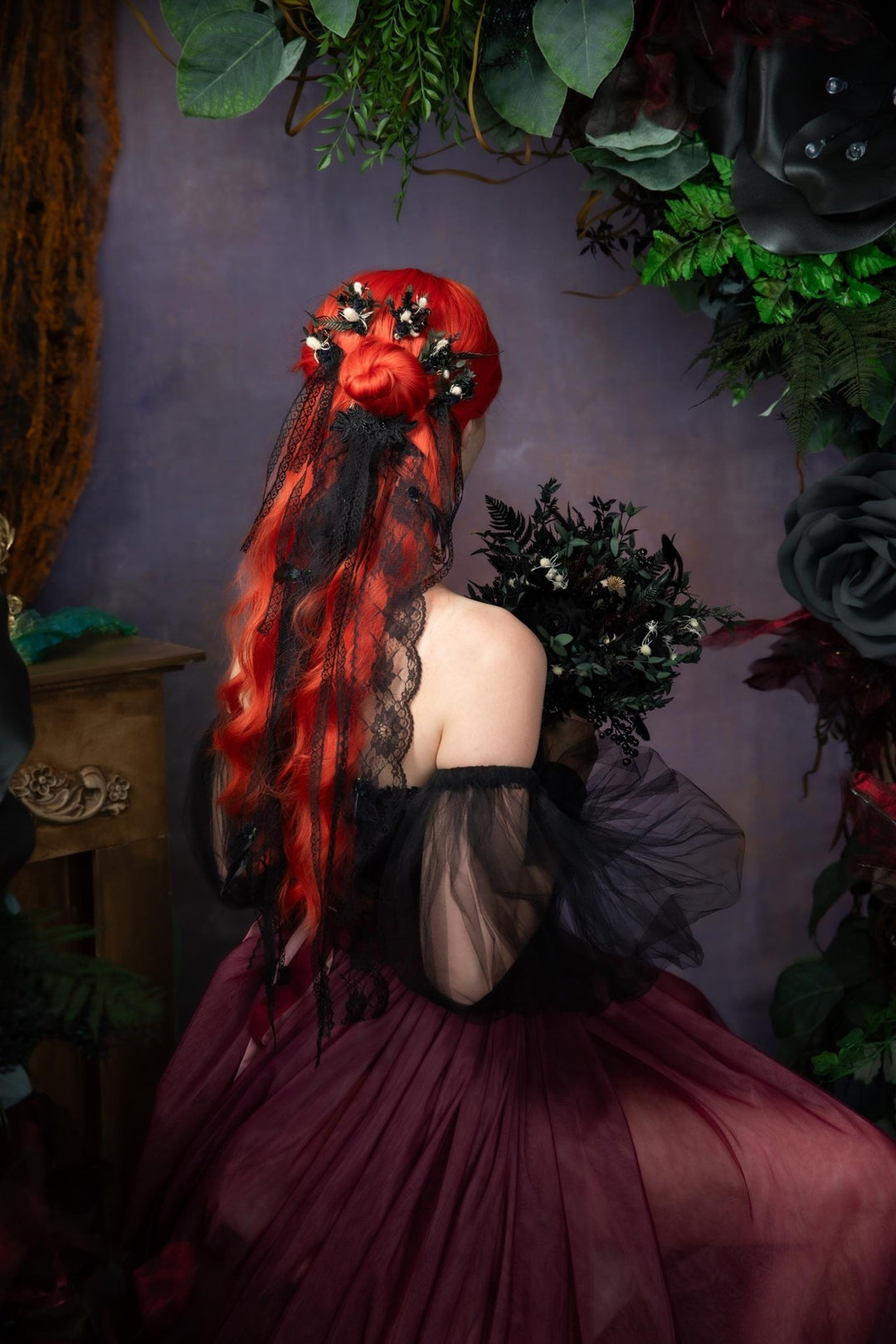 Gothic Wedding Black Lace Veil: Corpse Bride Flower Hairpins – handmade floral hair accessory by magaela