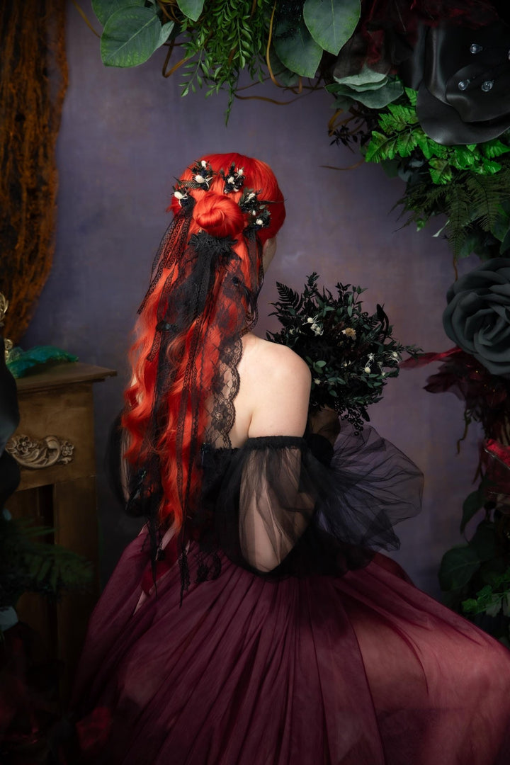 Gothic Wedding Black Lace Veil: Corpse Bride Flower Hairpins – handmade floral hair accessory by magaela