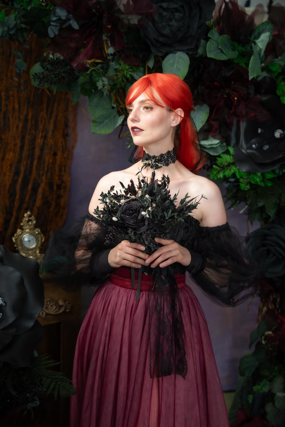 Black Gothic Wedding Bouquet: Dark Artificial Flower Bridal Bouquet – handmade floral hair accessory by magaela