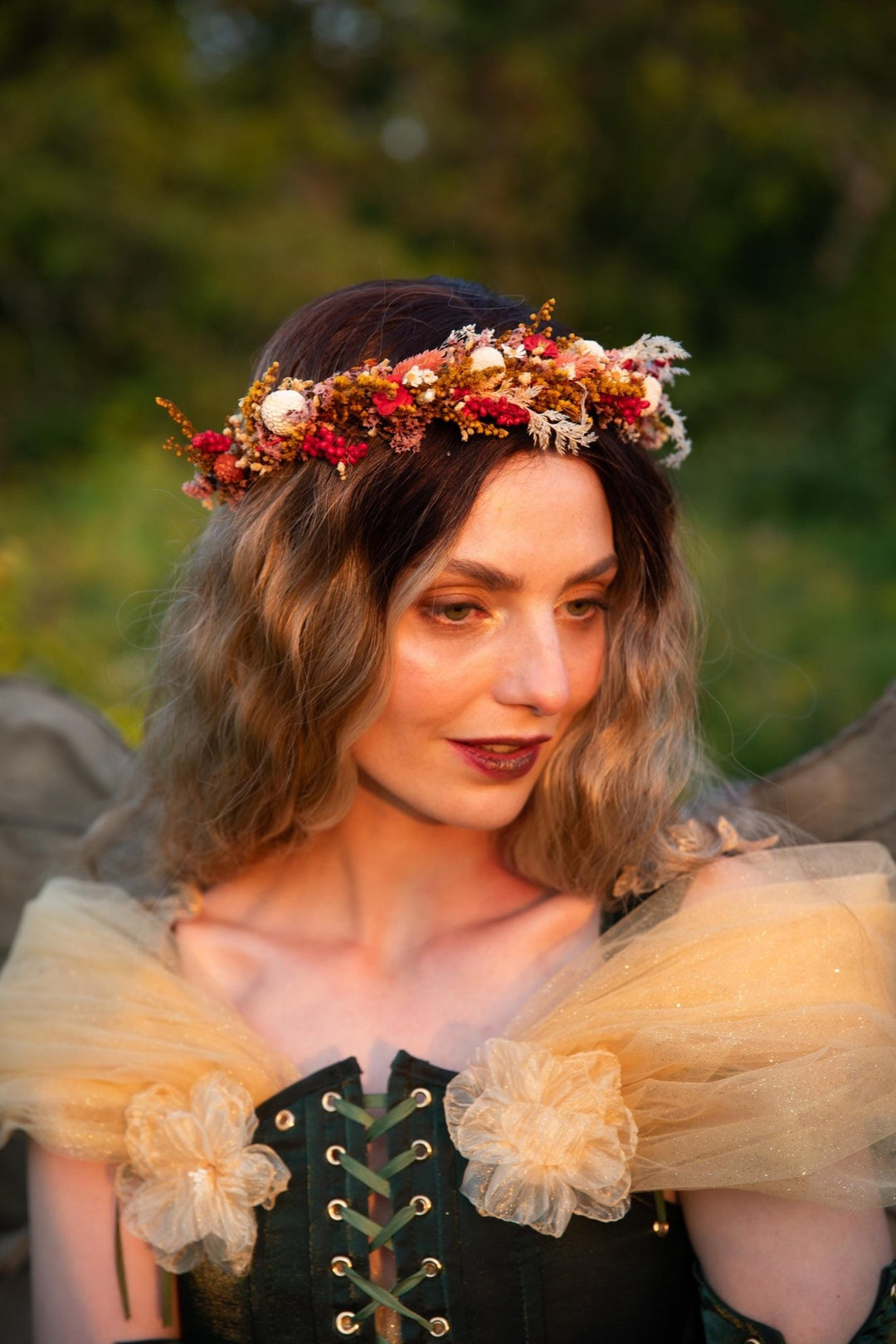 Boho Autumn Flower Half Wreath: Rustic Bridal Headpiece – handmade floral hair accessory by magaela