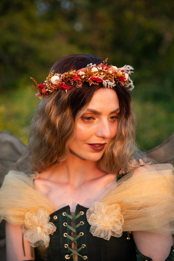 Boho Autumn Flower Half Wreath: Rustic Bridal Headpiece – handmade floral hair accessory by magaela