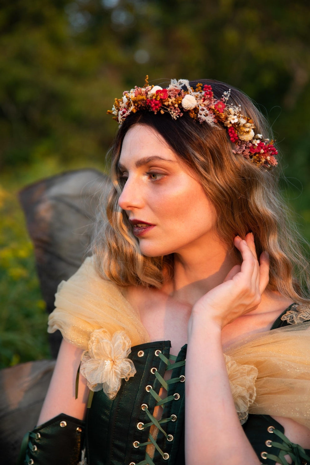 Boho Autumn Flower Half Wreath: Rustic Bridal Headpiece – handmade floral hair accessory by magaela