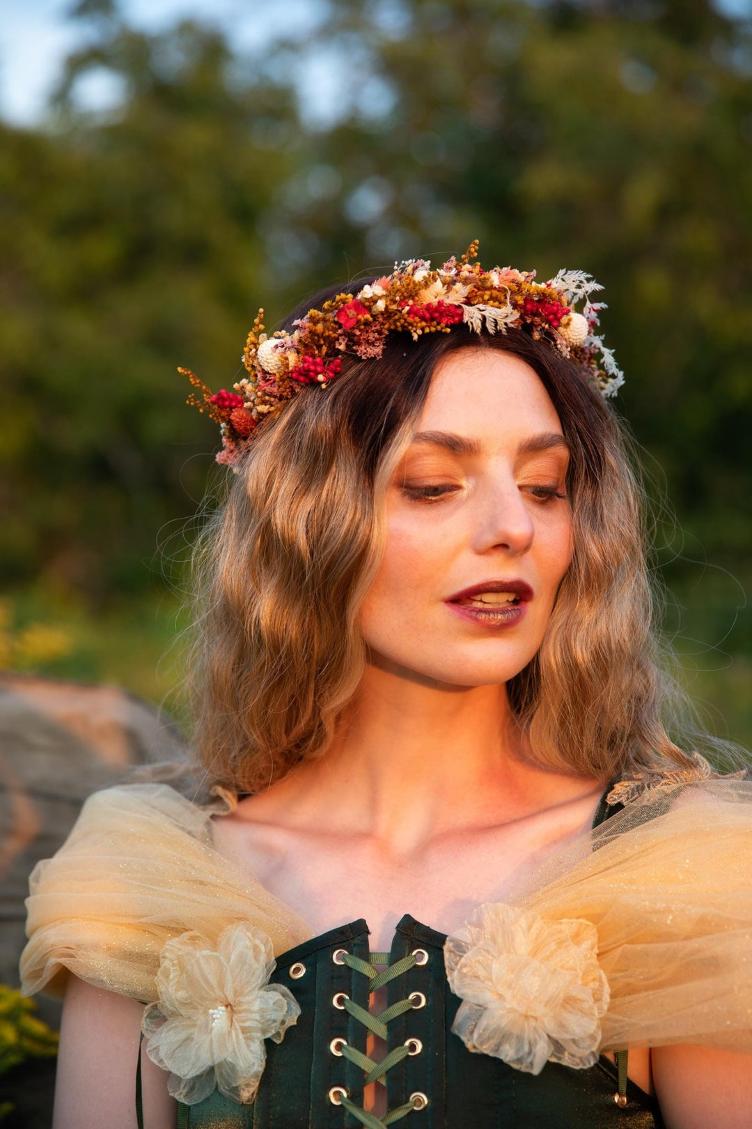 Boho Autumn Flower Half Wreath: Rustic Bridal Headpiece – handmade floral hair accessory by magaela