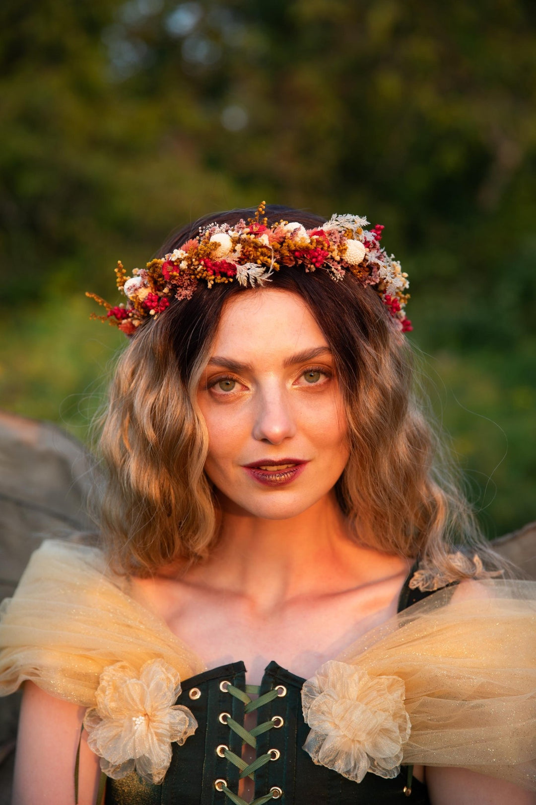 Boho Autumn Flower Half Wreath: Rustic Bridal Headpiece – handmade floral hair accessory by magaela