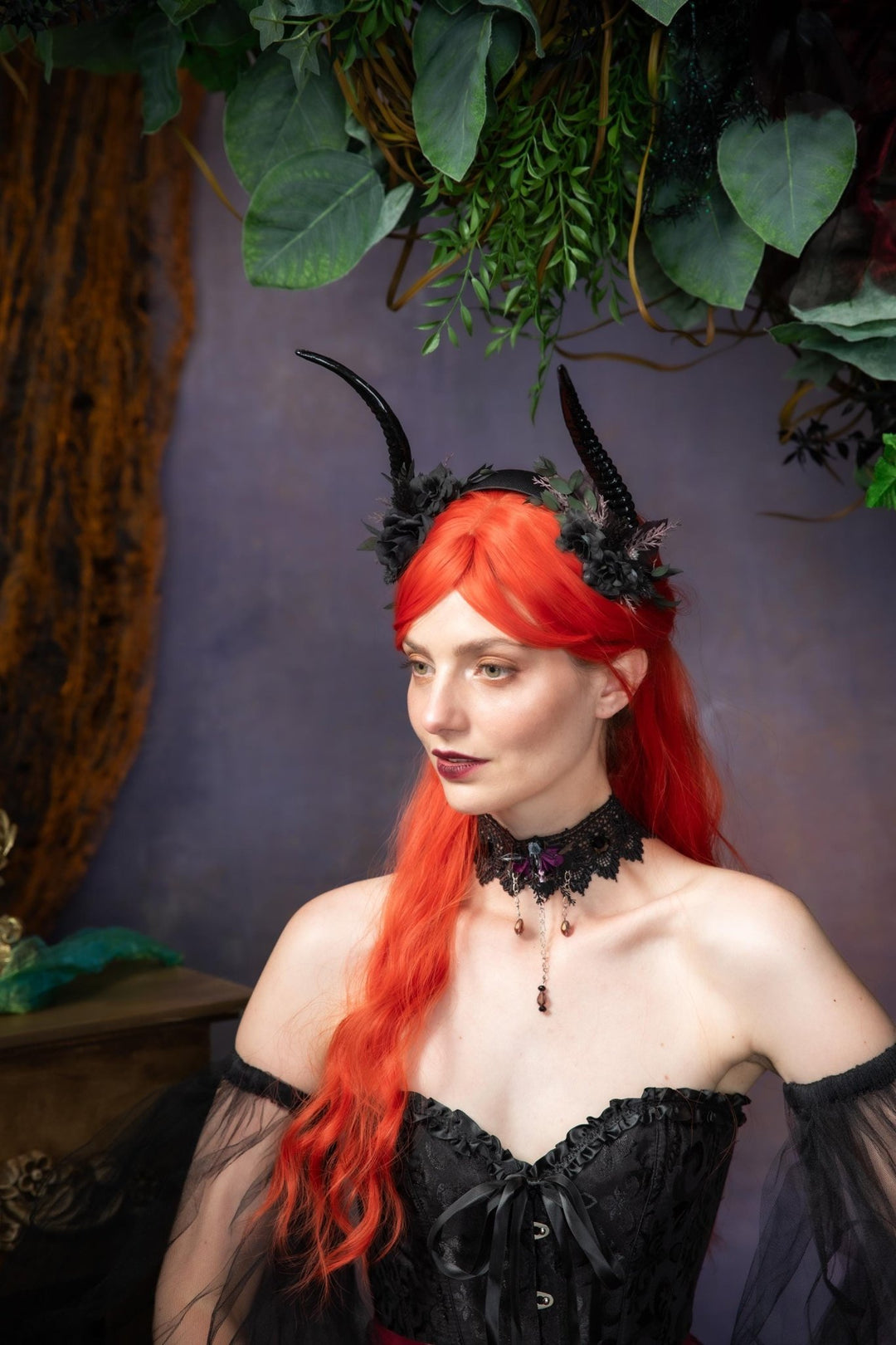 Black Horns Crown: Gothic Wedding Headpiece, Pagan Fest – handmade floral hair accessory by magaela