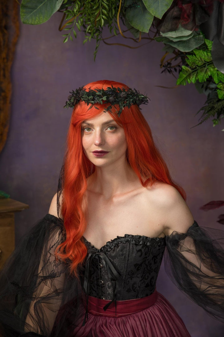 Gothic Black Flower Crown: Halloween Wedding Hair Wreath – handmade floral hair accessory by magaela