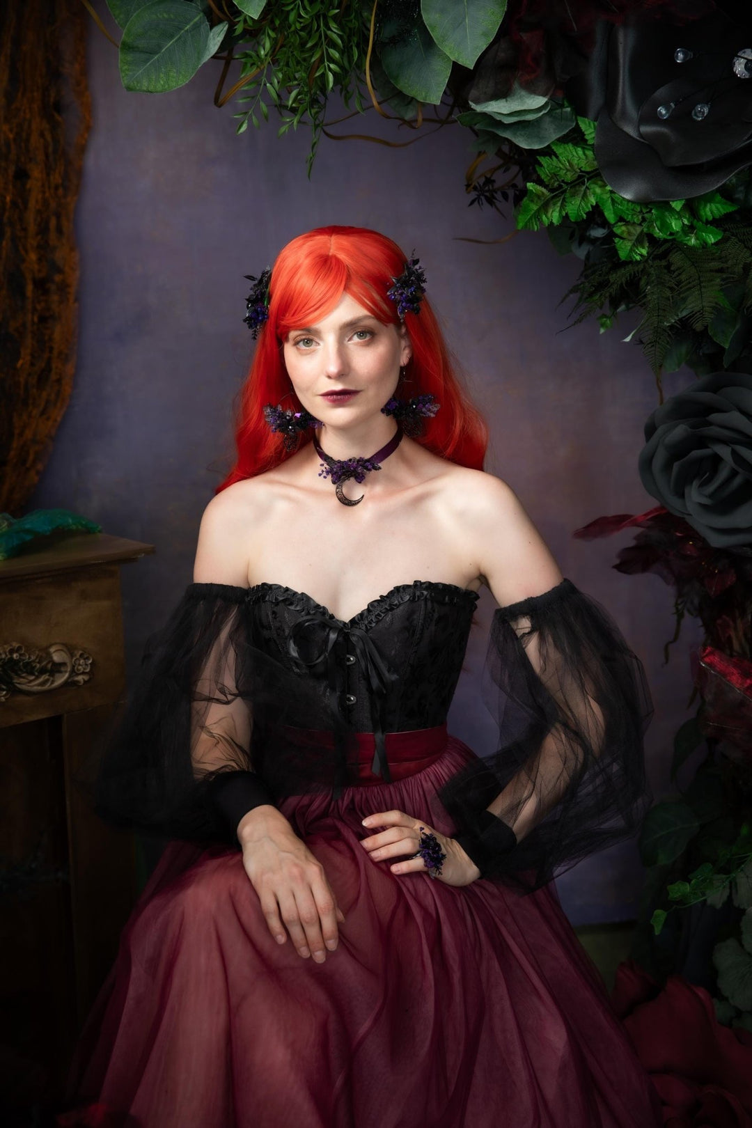 Purple Flower Moon Choker: Gothic Halloween Necklace – handmade floral hair accessory by magaela