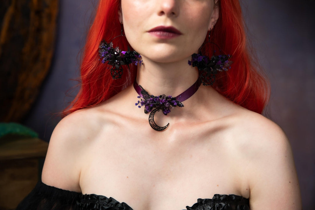 Purple Flower Moon Choker: Gothic Halloween Necklace – handmade floral hair accessory by magaela