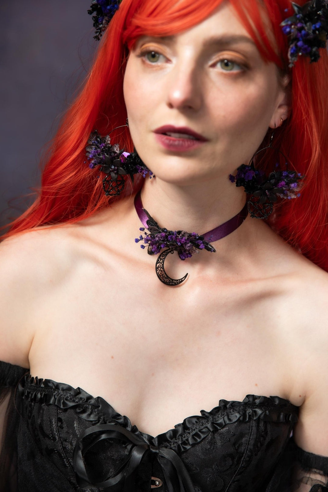 Purple Flower Moon Choker: Gothic Halloween Necklace – handmade floral hair accessory by magaela