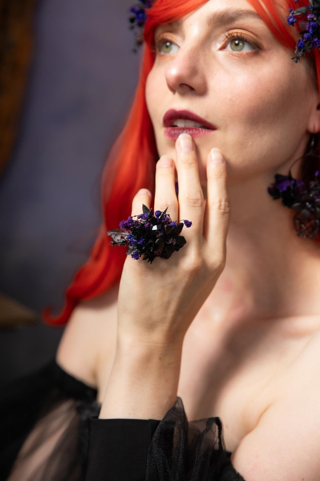 Purple Flower Ring: Gothic Wedding Jewelry, Adjustable Boho Ring – handmade floral hair accessory by magaela