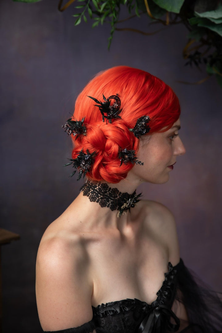 Black Flower Hair Pins: Gothic Wedding Bridal Hair Accessory – handmade floral hair accessory by magaela