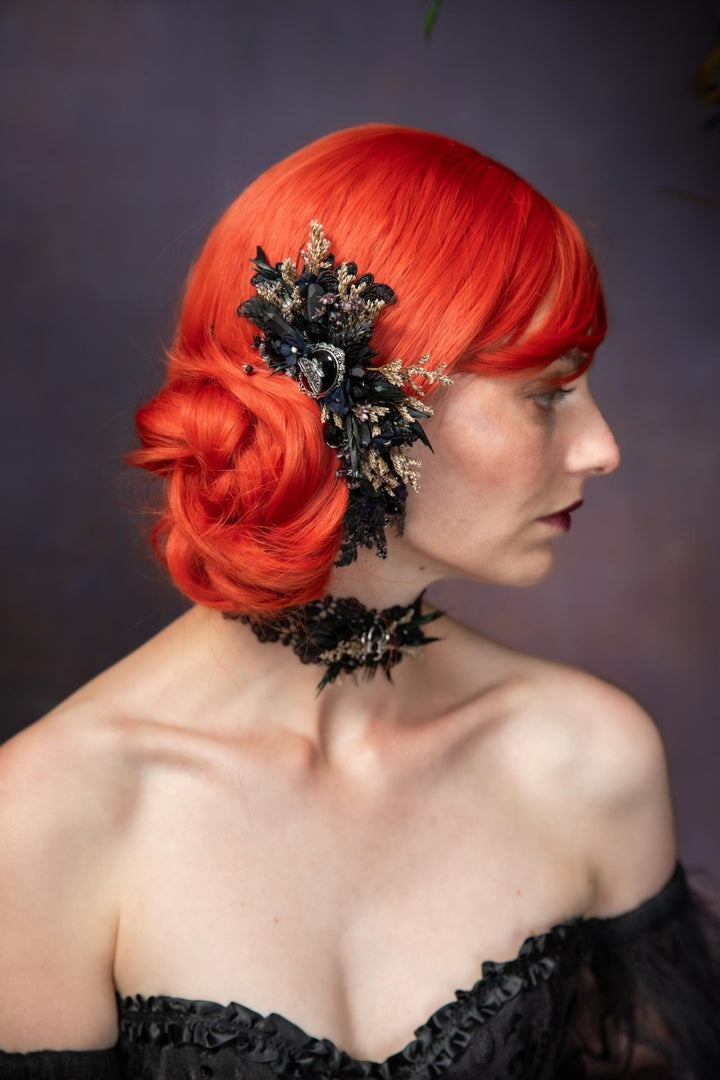 Black Flower Hair Comb: Gothic Wedding Crystal Hair Accessory – handmade floral hair accessory by magaela