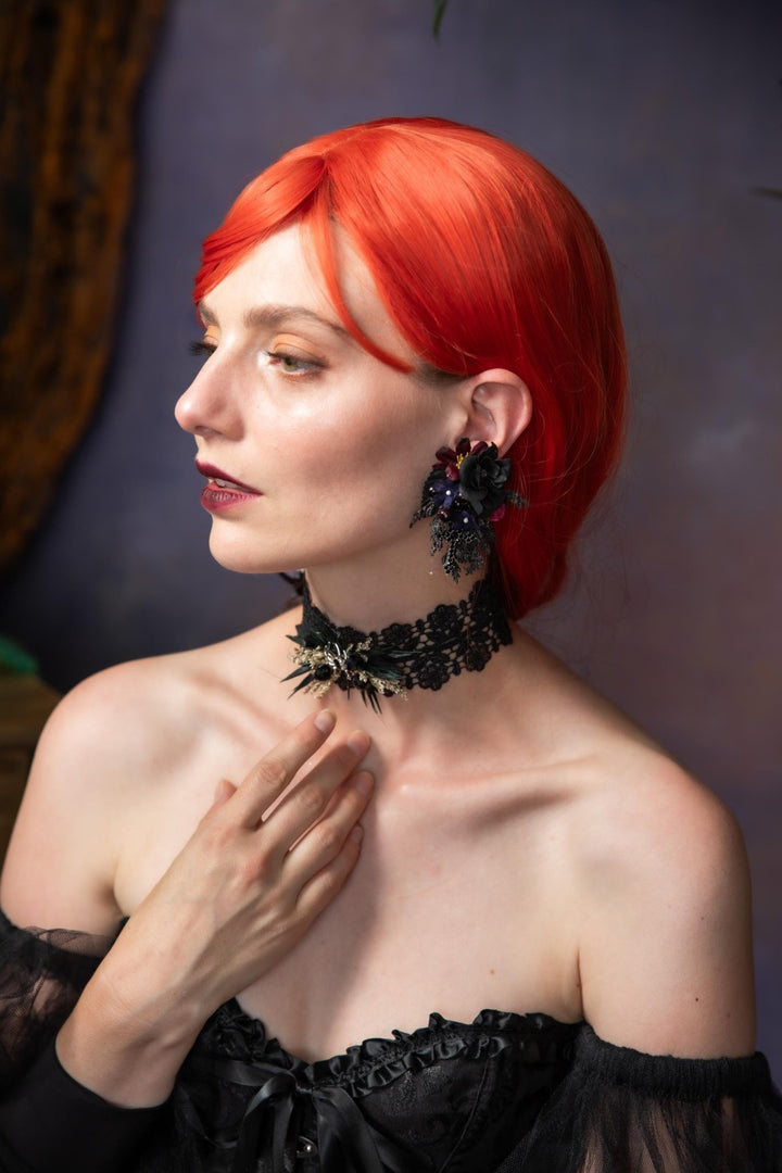 Gothic Flower Earrings: Black Burgundy Cross Studs, Halloween Jewelry – handmade floral hair accessory by magaela