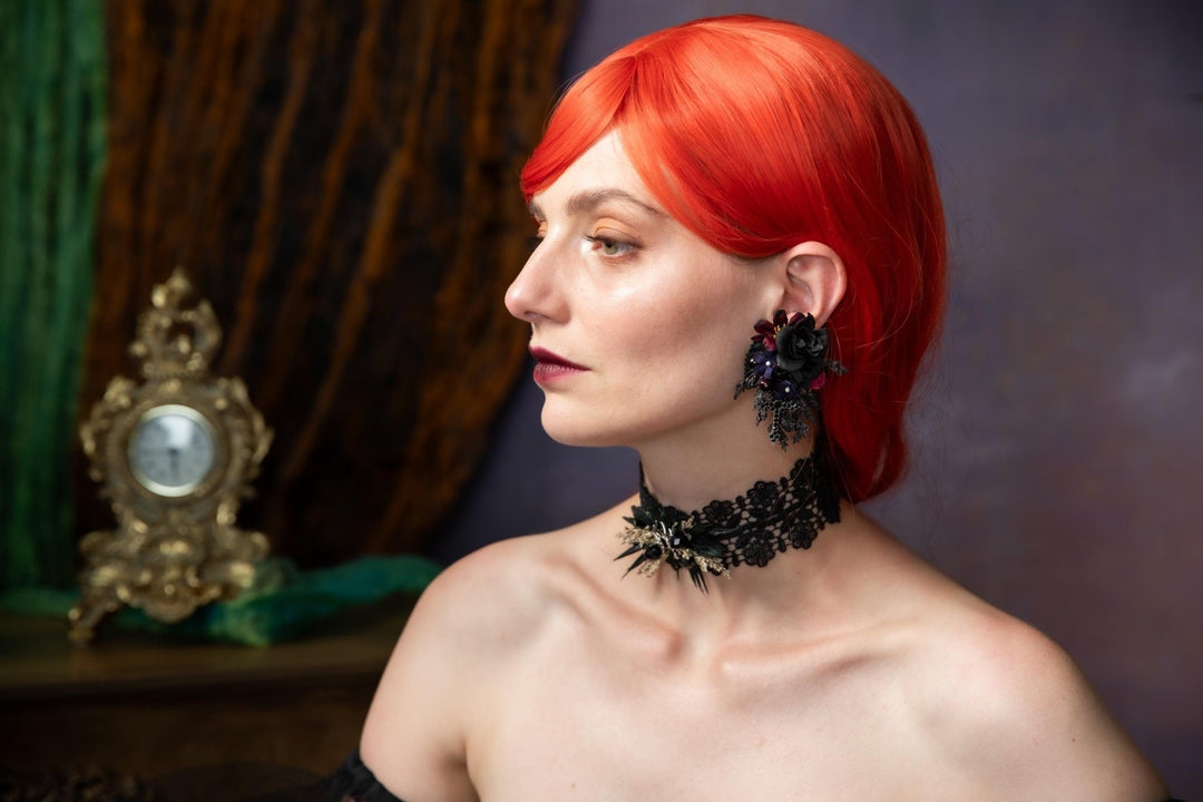 Gothic Flower Earrings: Black Burgundy Cross Studs, Halloween Jewelry – handmade floral hair accessory by magaela