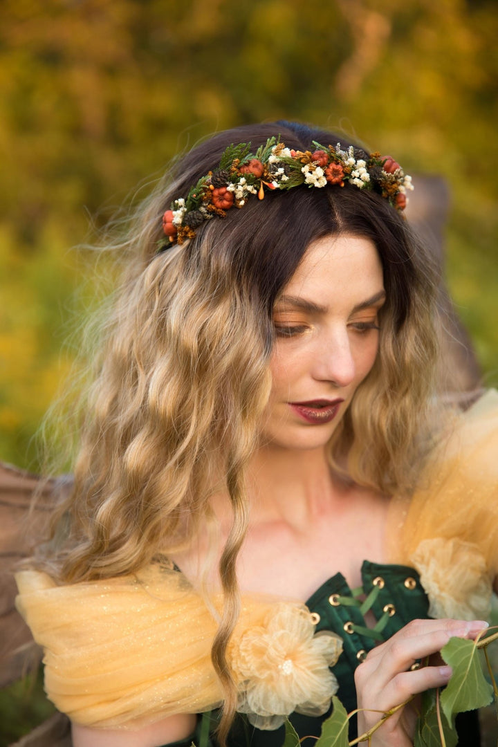 Pumpkin Flower Headband: Autumn Bridal Cottagecore Headpiece – handmade floral hair accessory by magaela