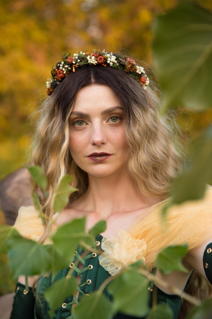 Pumpkin Flower Headband: Autumn Bridal Cottagecore Headpiece – handmade floral hair accessory by magaela