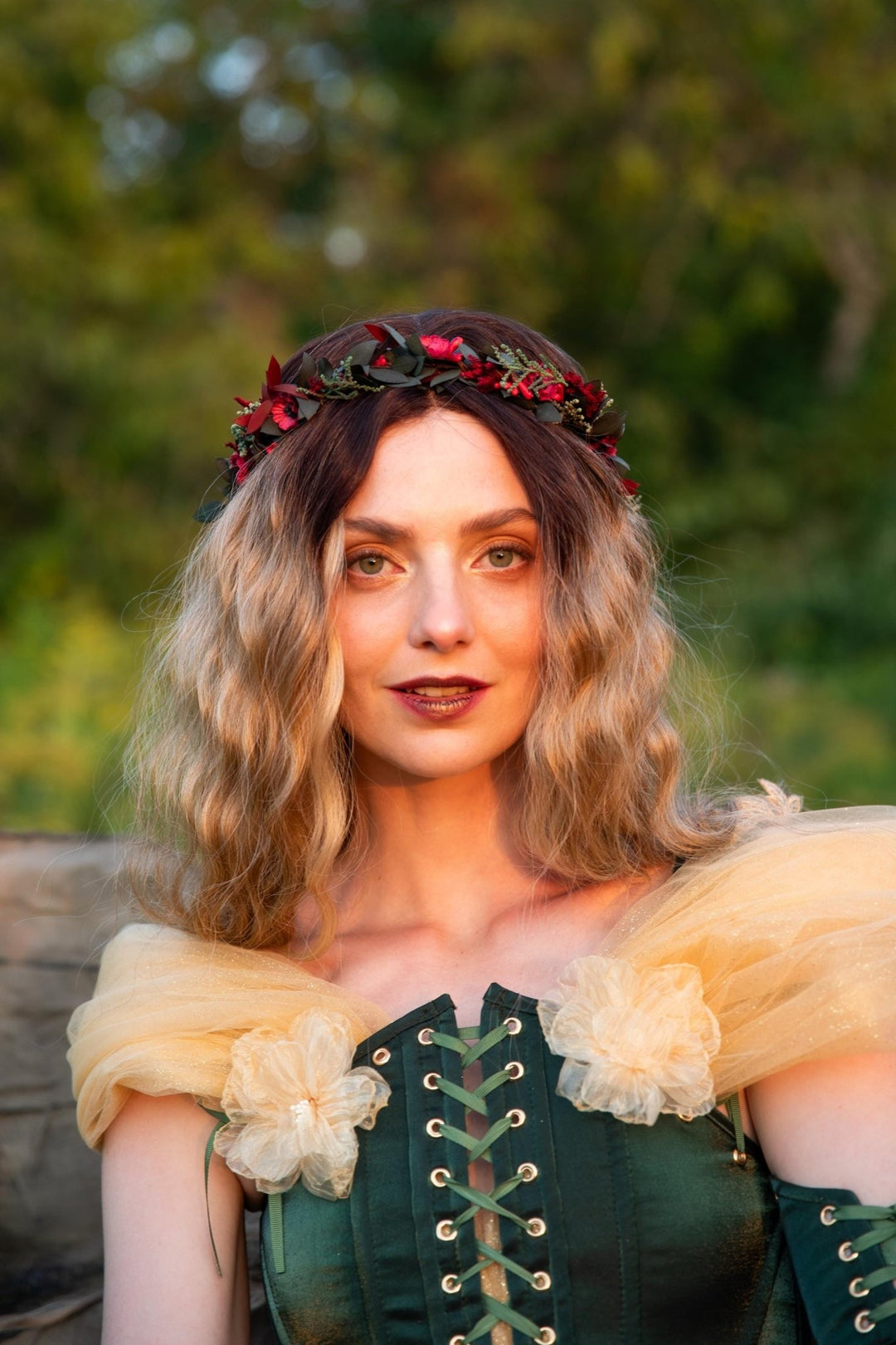 Red Flower Hair Wreath & Comb Set: Autumn Wedding Boho Bridal Hair – handmade floral hair accessory by magaela