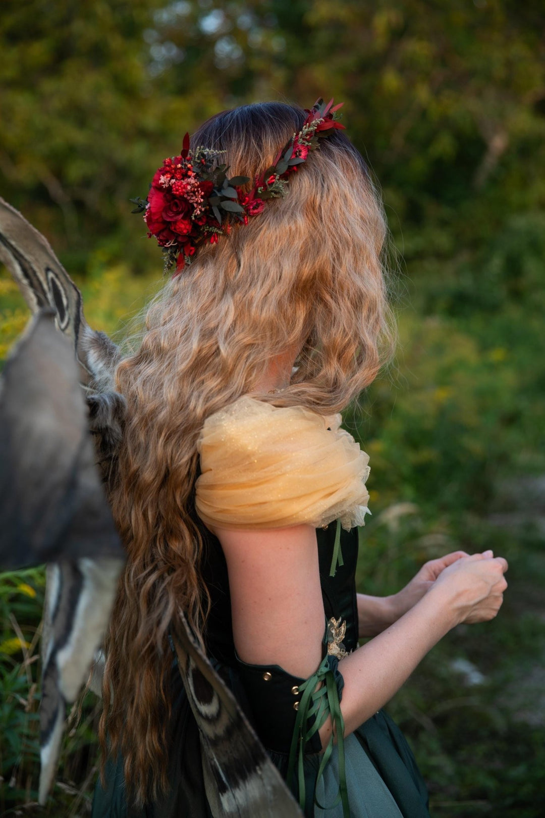 Red Flower Hair Wreath & Comb Set: Autumn Wedding Boho Bridal Hair – handmade floral hair accessory by magaela