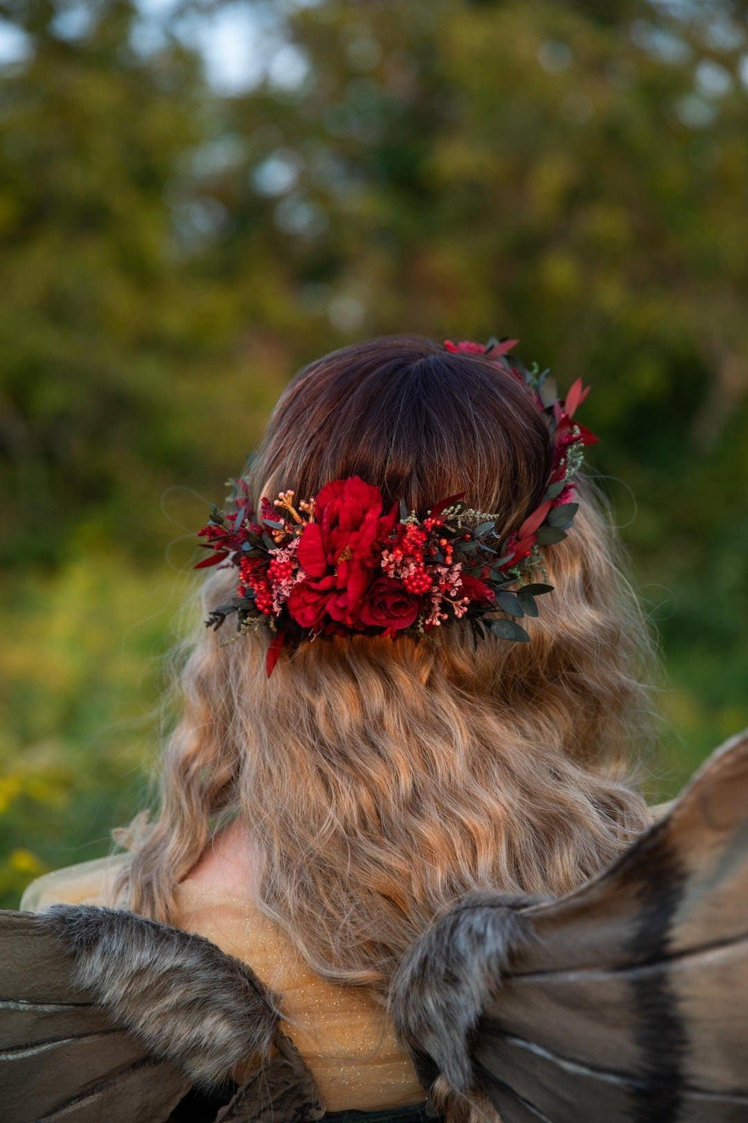 Red Flower Hair Wreath & Comb Set: Autumn Wedding Boho Bridal Hair – handmade floral hair accessory by magaela