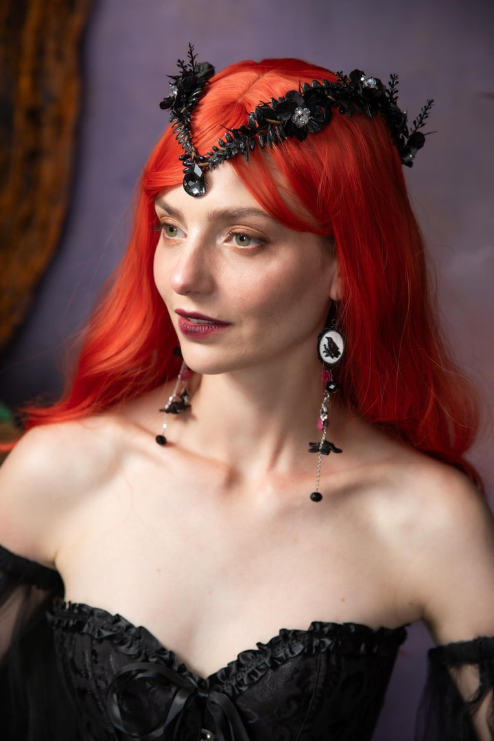 Gothic Crow Long Earrings: Halloween Wedding Jewelry – handmade floral hair accessory by magaela