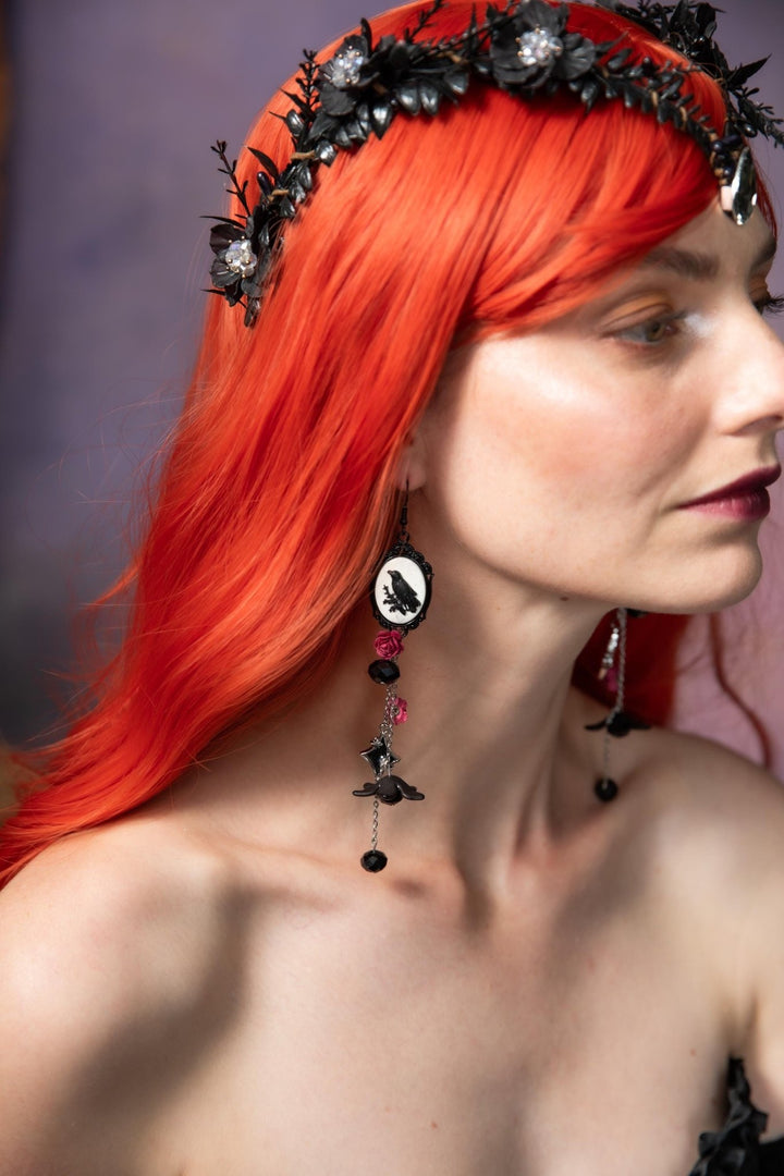 Gothic Crow Long Earrings: Halloween Wedding Jewelry – handmade floral hair accessory by magaela
