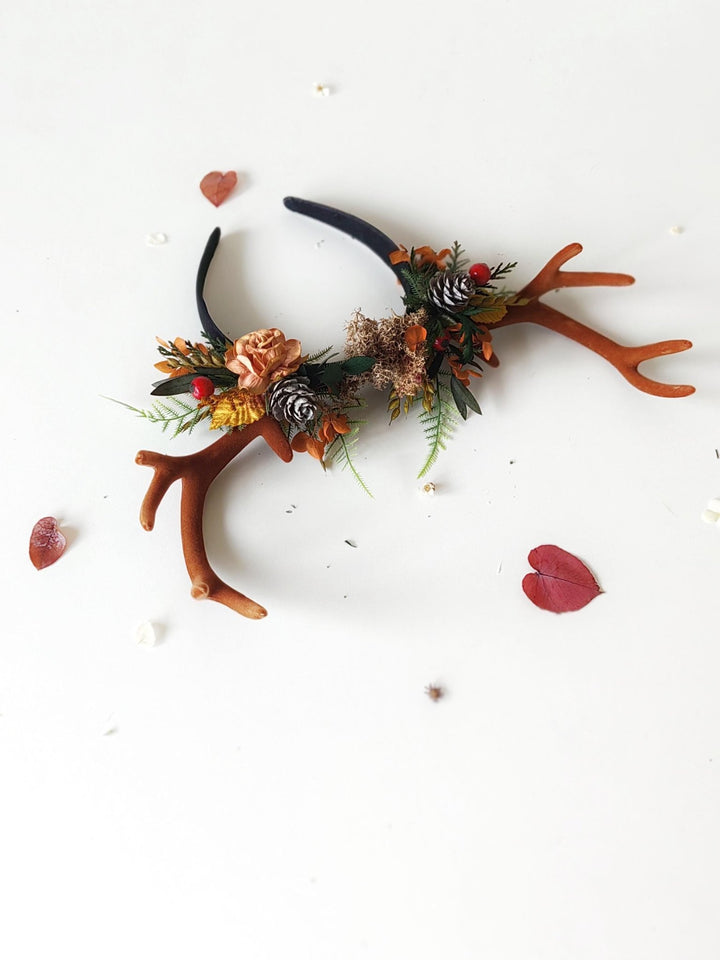 Autumn Antler Crown: Woodland Flower Headband, Pagan Festival – handmade floral hair accessory by magaela
