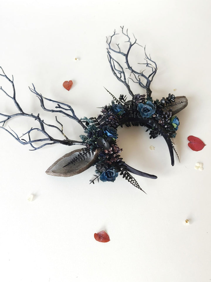 Black Antler Crown Headband: Pagan Festival Headpiece – handmade floral hair accessory by magaela