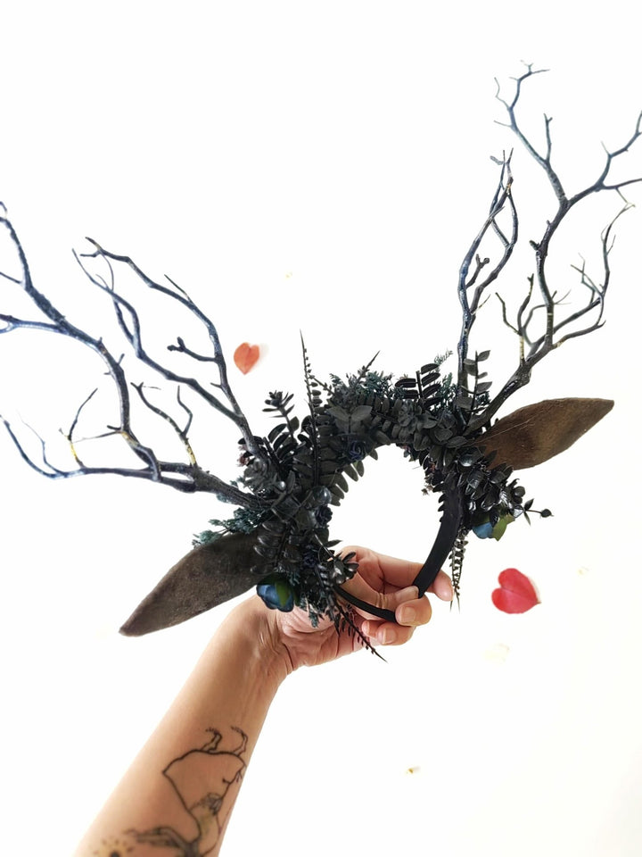 Black Antler Crown Headband: Pagan Festival Headpiece – handmade floral hair accessory by magaela