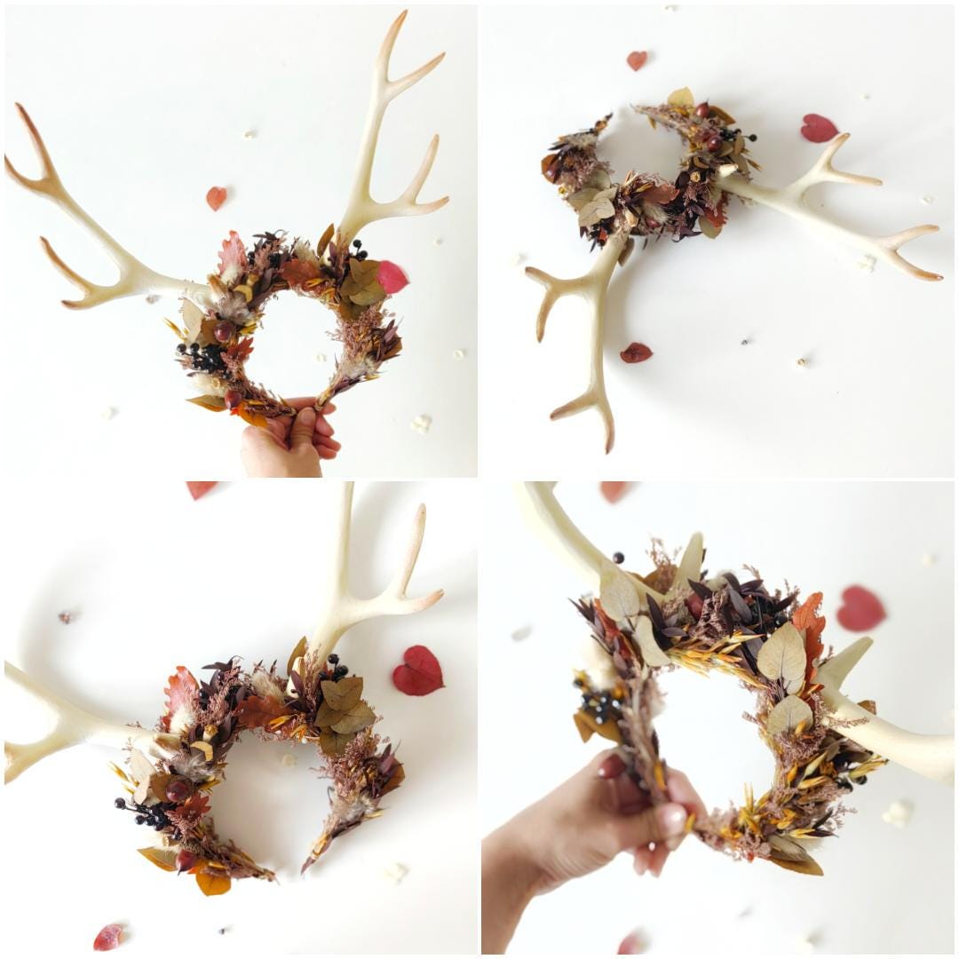 Woodland Antler Crown: Autumn Fairycore Headpiece – handmade floral hair accessory by magaela