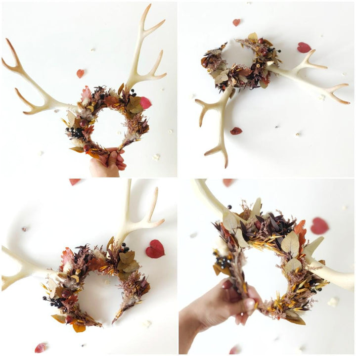 Woodland Antler Crown: Autumn Fairycore Headpiece – handmade floral hair accessory by magaela